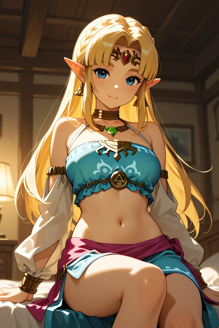 best quality, masterpiece, highres, 1girl, crop top, cleavage, hair ornament,necklace, princess zelda, blonde hair, large breasts, jewelry,Beautiful face,upon_body, tyndall effect,photorealistic, dark studio, rim lighting, two tone lighting,(high detailed skin:1.2), 8k uhd, dslr, soft lighting, high quality, volumetric lighting, candid, Photograph, high resolution, 4k, 8k, Bokeh,