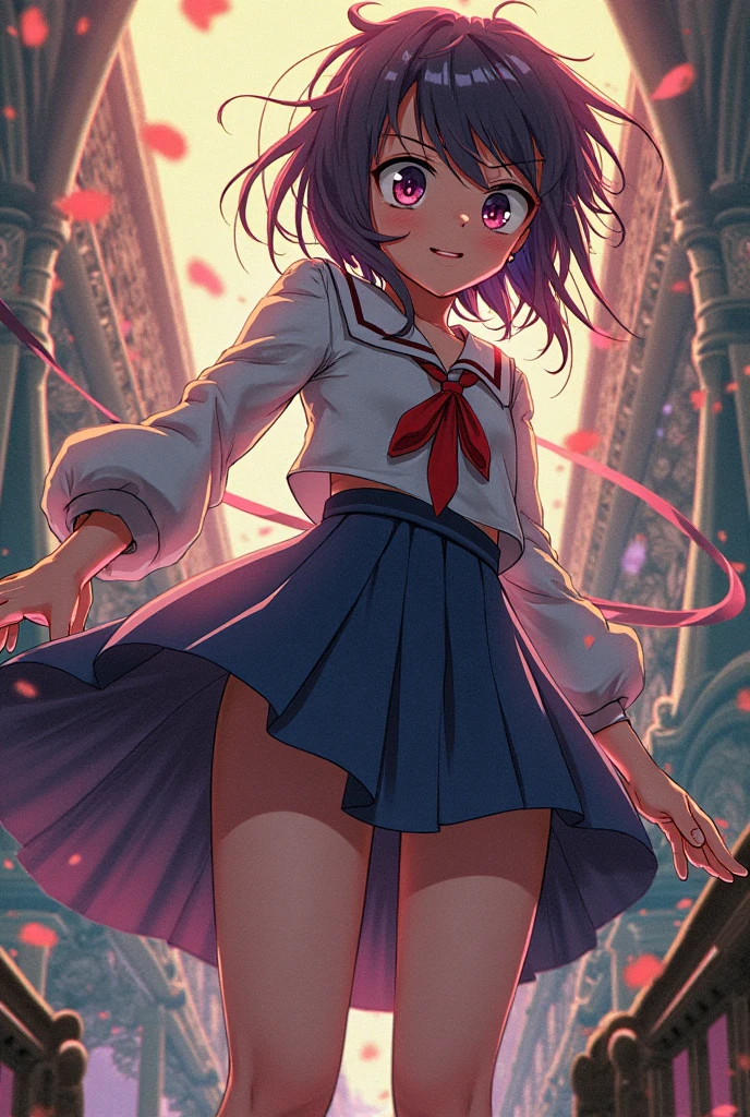 ((()))、(((Rainbow Magical Girl Costume)))、((Panty shot)utiful Magician、short brown hair、((whole body))、(((photo taken from below)))、The background is darkness