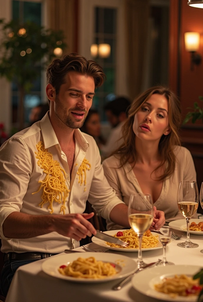 ((best quality)), ((masterpiece)), (detailed), couple, sitting, cuddling, dining at a restaurant in Italy, 1woman, very long blonde hair, cocktail dress, 1man, tall, muscular, handsome, dark short hair, in Italy, wearing white shirt, white pants, summer time