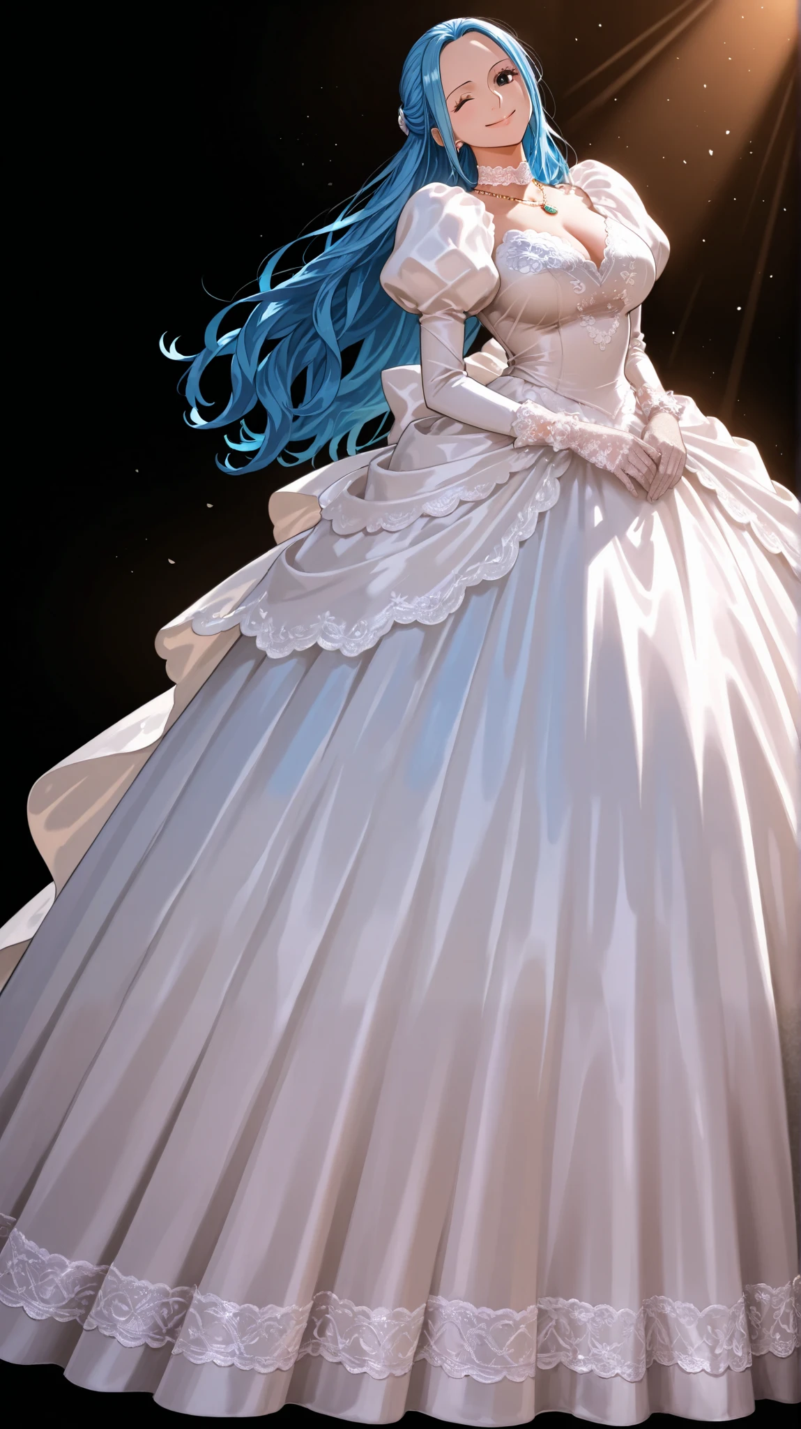 masterpiece, high score, great score, absurdres, beautiful woman, Nefertari Vivi, one piece, blue hair, long hair, beautiful black eyes, looking at viewer, smile, ;), wedding dress, lace trim, choker, necklace, full body Saree dress, lace gloves, juliet sleeves,body Saree, close-up, facing up, wedding saree, indian traditional,side view, simple background, vivid colors, volumetric lighting, soft lighting