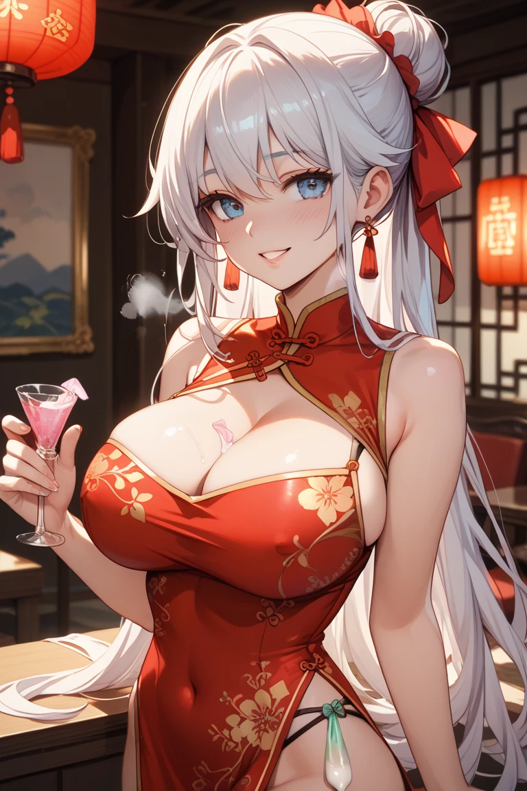 high resolution、8k、Beautiful eyes、、NSFW、China dress、Chinese clothing、 Glossy with oil々Skin、Shiny thighs,Narrow waist、Firm big breasts、Love juice drips、Sexually excited facial expression、Sex appeal、cum on、Background White