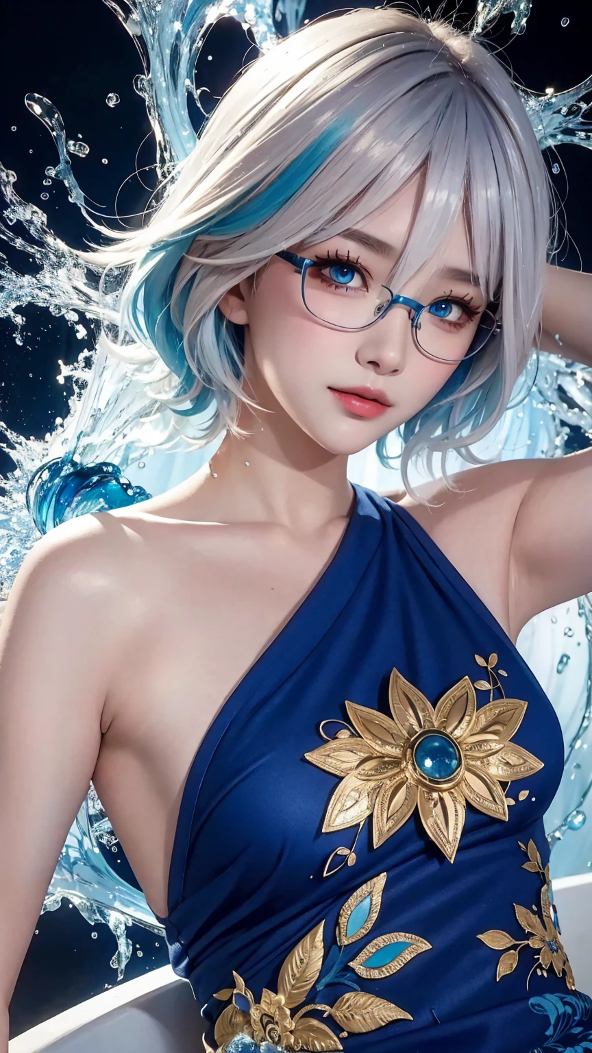 masterpiece, highest quality, 8K,masterpiece, (masterpiece, highest quality, High resolution), color paint background（(acrylic paint, (splash of color, splash ink, splash of color)） ,  detailed skin texture, fine fabric texture, Beautiful and dense face, intricate details, Super detailed, Portrait of Rei Ayanami, blue hair, blue eyes, wear glasses（concentrate），head tilt,Super huge , Medium chest, ((erect nipples)), thin waist,