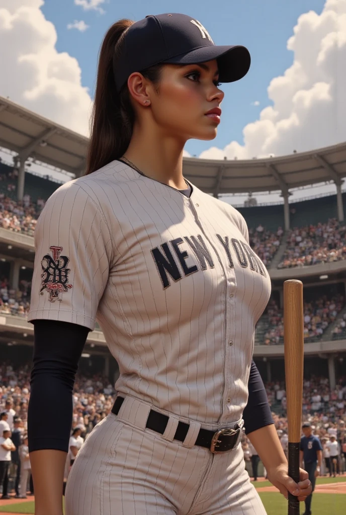 masterpiece, best-quality, ultra_detailed, a beautiful woman wearing seductive baseball attire, cropped baseball jersey, black baseball booty shorts, ample curvaceous, highly detailed face, ample hips, insanely detailed accentuated big booty with phenomenal detailed booty cheeks, cameltoe, attractive thick thighs, highest quality, street art, in the style of Greg Manchess, hyperrealistic, smooth, sharp focus, baseball arena