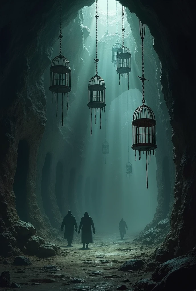 best quality, artwork, circus interior, human creatures locked in iron cages, Wearing shabby clothes, detailed image texture, grotesque, Horror, scary atmosphere (image not AI), misty, Cloudy weather, colorful lighting IN FORMAT 16 :9