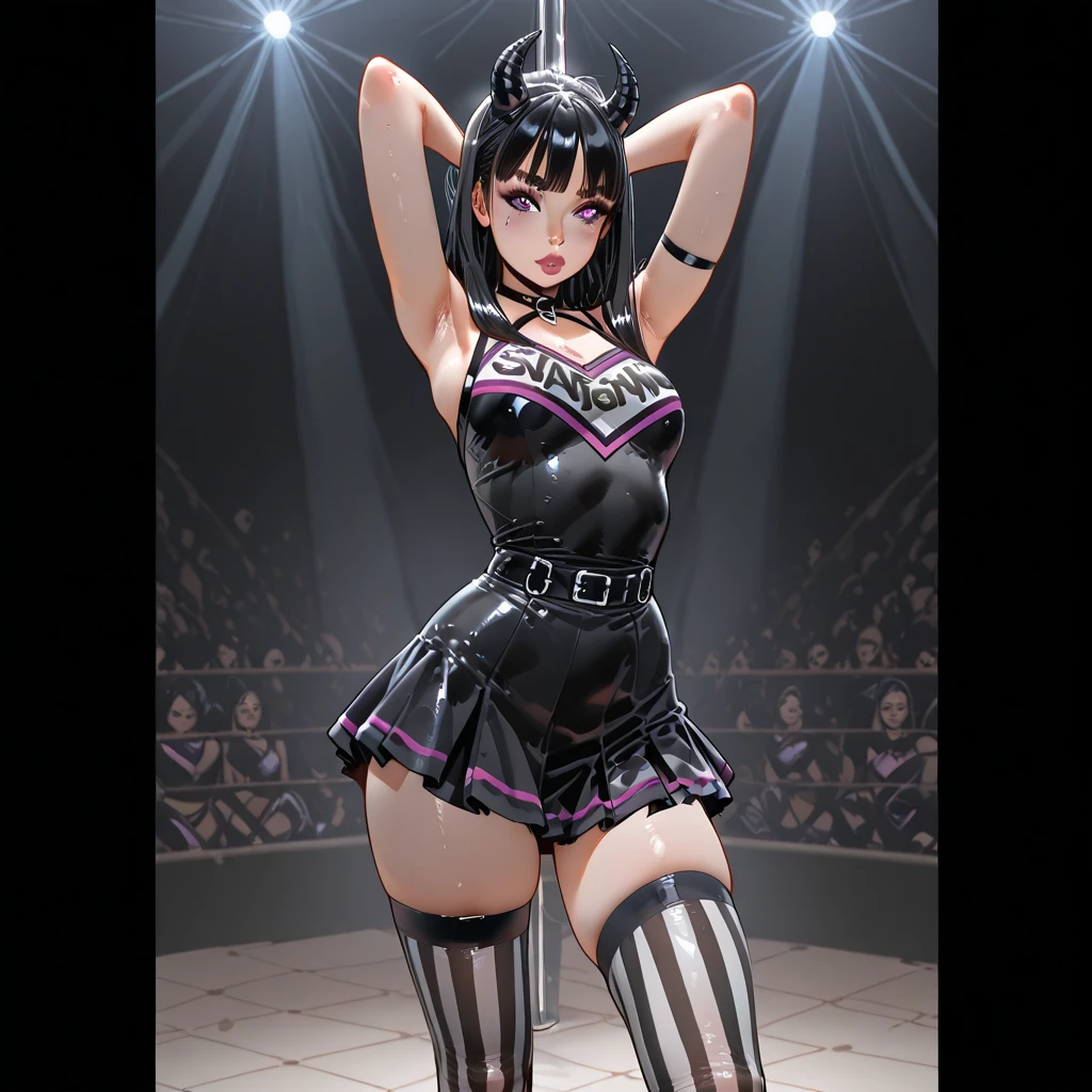 /imagine 
Dark Gothic Rock style, Bathed in cinematic lighting, Epic Masterpiece, 64K, ((Flawless Face)), Stunning Eyes, In dramatic lighting, a stunningly mysterious female figure, Pay attention to ((face details)) and ((body details)) and ((thighs)), it must be extremely beautiful and Flawless. Concept: Create a cinematic shot (Details: cute gothic girl, disco dance floor, githic styled room)
(Quality: Intricate, Highly detailed, Octane Render, Master Piece, 16k, extremely detailed)
(Concept: a cute and stylish gothic girl, equal Natassia Malthe, dances to the musik, removed from everyday life, skillful dance movements with her dark hair and purple eyes merging with the opulent dance temple.)
(Face: Reflective, Elegant, Dreamy, Thoughtfull, alluring)
(Clothing: stylish gothic punk, fashion steampunk, piercings, demonic Tattoos)
(Background: gothic dance temple, discolight, trance atmosphere, enlighted, Shadows)
(Lighting: dark waving, silver sparkling, mystical, backlight)
(Art by: Luis Royo)