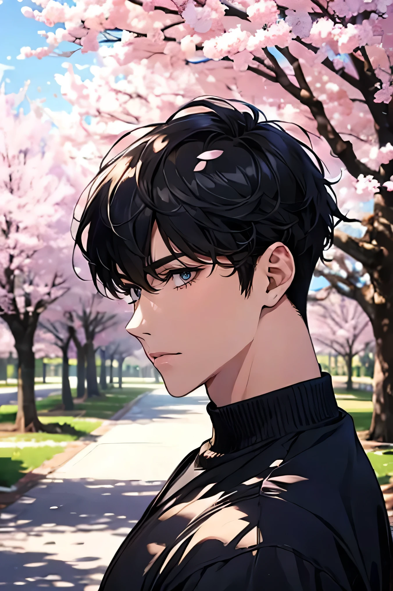 Man Two Two handsome guys very short black hair Face bigger than shoulders Face up big and above shoulders face up wear only navy tight high neck shirts under the cherry tree blue sky Cherry blossom trees in the background cherry blossoms in full bloom Man Two は桜の花を見る Man Two は背の高さが同じ Man Two