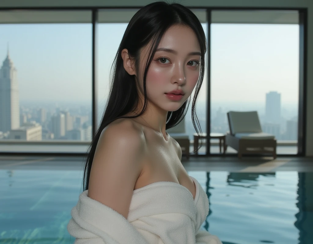 (8K, Best Quality, Masterpiece: 1.2), (Realistic, Photorealistic: 1.37), Ultra Detailed, Soft Light, One Girl, Cute, Solo, Beautiful Details Sky, Open Window, Blush, Pink Cheeks, (Shy Face: 1.15), (Shut Up), (Skinny: 1.7), (Flat Chest: 1.9), (Small Breast: 1.9), (Small Breast: 1.9), Beautiful delicate eyes, beautiful delicate nose, rain, (medium hair: 1.5), puffy novafrog style, visible, (black hair), squinted, thin eyebrows, mature face, ((towel slippery, wet skin, wet hair, wet face, disheveled hair)), arms outstretched, hands grabbing one side of the tub))), open-air bath, Japan hot spring, hot spring, night