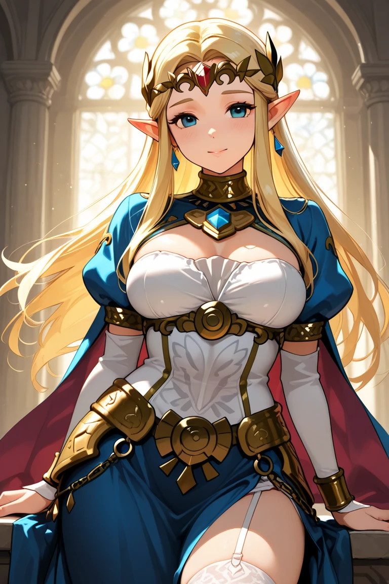 a beautiful blonde woman with elf ears and freckles, ruby crown, seductive dress highlighting large breasts, elf castle setting, intricate details, photorealistic, 8k, high resolution, vivid colors, dramatic lighting, fantasy art