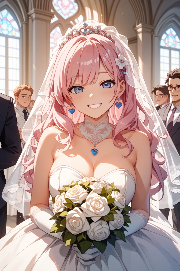 ((Highest quality)), ((masterpiece)), (detailed), (Perfect Face)、The woman is Lacus Clyne, the Queen of Accord and wife of Orpheus, King of Accord. She is wearing a vintage wedding dress and wedding veil with gorgeous gold embroidery and trim, an engagement ring, beautifully decorated accessories, and a gorgeous hair ornament. She has medium-long pink hair.、Beloved wife of Orpheus, King of Accord