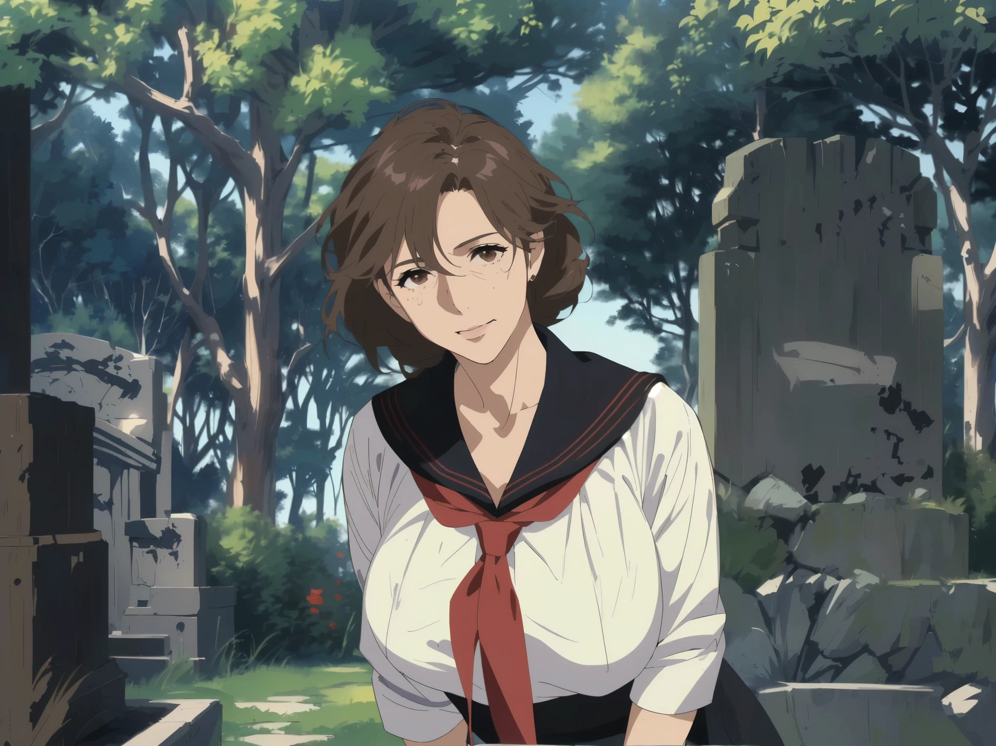 An ordinary Japanese graveyard in midsummer、Extremely Hot Sunshine、 and the time is noon 、best quality, bright、mature mom, Quiet mature Mom , ((( Small Wrinkles Around His Eyes and Mouth :1.2)))、detailed face, brown hair, Mesh Bang Hairstyle, brown eyes, (Big Breasts), shy and embarrassed mature mom, (mature mom in tight and white sailor suit:1.3) ,(red scarf with black nose:1.4)、 realistic high school mature mom , Female Protagonist 👀 :8, Bewitching Anime mature mom , Makoto Shinkai ( Apex Legends ), Fine details, a hyper realistic high school mature mom , charming anime mature mom