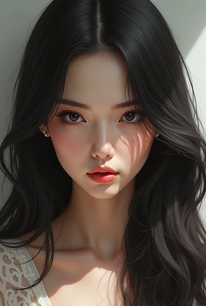 Woman with long black hair, slanted eyes, an intense gaze full of passion, and a flirtatious smile.