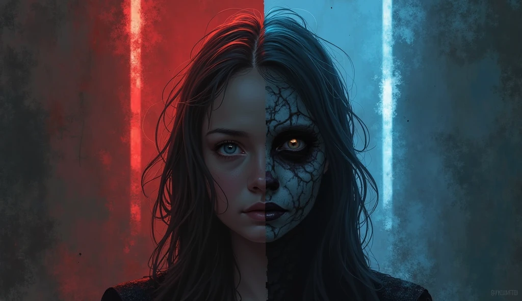 "A dramatic, high-contrast digital painting featuring a split-faced character—one side depicting an innocent, kind-looking person and the other side transforming into a monstrous, shadowy figure. The background is dark and textured, symbolizing inner turmoil, with red and blue lighting representing the battle between good and evil. The title ‘Why Good People Turn Into Monsters’ is displayed in bold, eerie typography, with a subtle glow effect to draw attention."