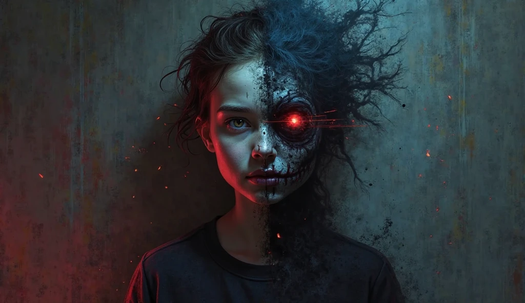 "A dramatic, high-contrast digital painting featuring a split-faced character—one side depicting an innocent, kind-looking person and the other side transforming into a monstrous, shadowy figure. The background is dark and textured, symbolizing inner turmoil, with red and blue lighting representing the battle between good and evil. The title ‘Why Good People Turn Into Monsters’ is displayed in bold, eerie typography, with a subtle glow effect to draw attention."