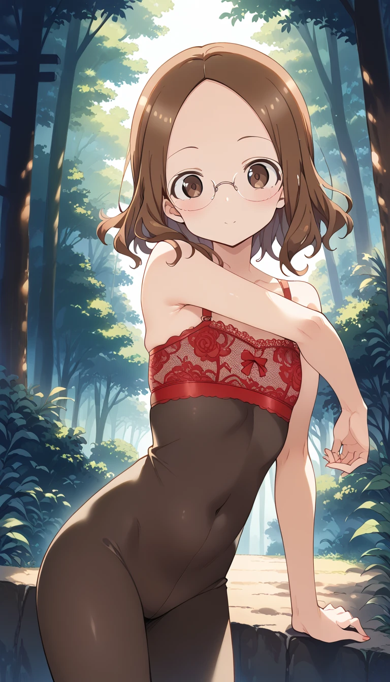 a hyper-realistic portrait of a young woman, half asleep, under a tree, inside a forest, in the middle of nature, 22 years old, realistic, (lying on her side), she is wearing a red panties, (wearing a garter belt and black pantyhose), sexy, (huge breasts 2:1), torn, (all torn), short brown hair, (hair tied with bows), curved, SFW