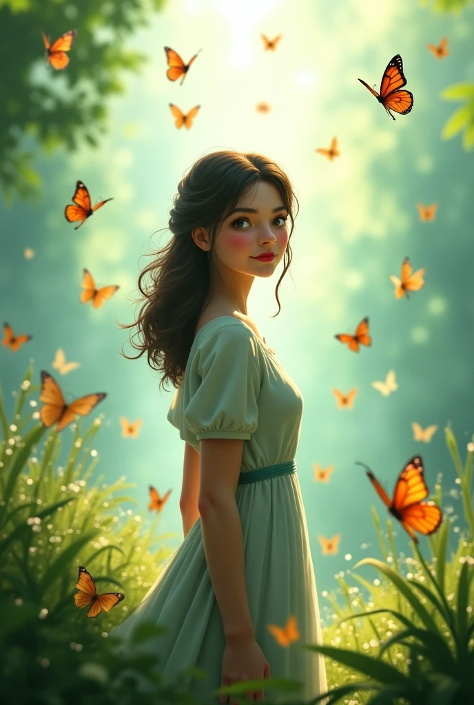 a female character from the animated series Rick and Morty, wearing a summer dress, standing in a lush green garden with vibrant colorful flowers, butterflies flying around, beautiful detailed eyes, beautiful detailed lips, extremely detailed face and skin, long eyelashes, elegant pose, soft lighting, warm color palette, (best quality,8k,highres,masterpiece:1.2),ultra-detailed,(realistic,photorealistic,photo-realistic:1.37),digital art,concept art,vibrant colors,dynamic composition