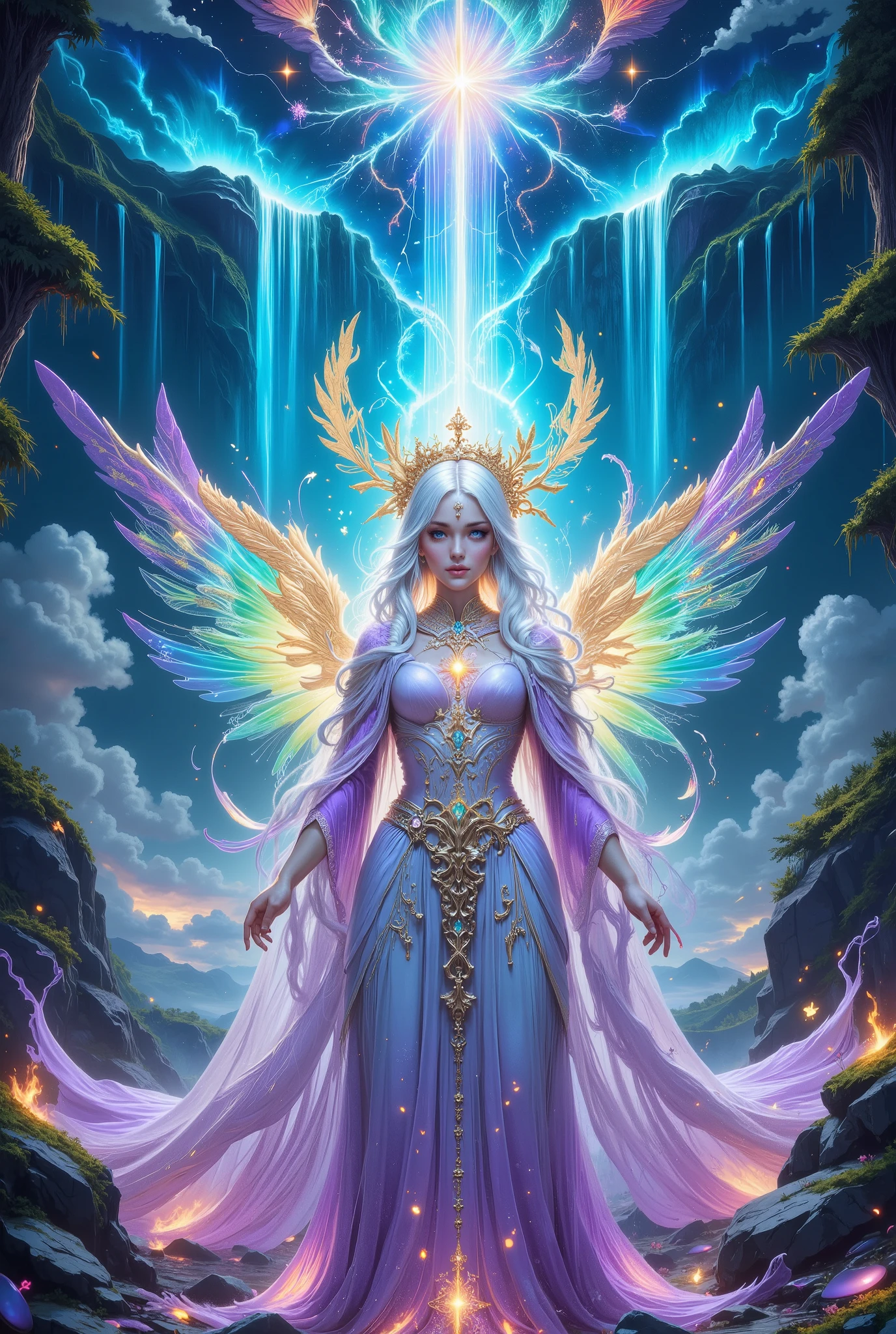 The full height of a beautiful white angel, } embodiments of vice and passion, waterfall is depicted against the night sky, thick and dark, but illuminated by the silver light of the stars. Angel, , a 20-25 year old woman, with expressive facial features, seductive and blissful smile, has pale skin and snow-white hair, brighter than stars, flowing with beautiful light. Her delicate purple fabric outfit features green and white patterns, intertwined with thin silver thread. She stands against the background of a stormy waterfall, descending from a forest mountain, drops of which sparkle, like gems . clouds, as if supporting her, complement the composition. Snow-white angel wings, huge and beautiful, symbolize the light in the night. Angel pose is full of grace and pride, she is slightly turned towards the viewer, x} her eyes are full of mystical charm. Use fantasy style, bright, rich colors, good lighting, The detailed texture of fabric and hair, High resolution 8K . The composition should be a harmonious, with an emphasis on an angel and the. The atmosphere is magical, hair mystical , with a touch of temptation. Style — fantasy art , with elements of romanticism and symbolism. The image should be beautiful, precise and delicately designed.