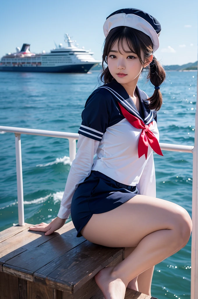 highest quality, realistic、8k wallpaper, (beautiful目), ((beautiful)), (Lovely) ,(((1 girl))),23 years old,((brown hair long ponytail))、(big and full breasts)、soft light、(embarrassing)、((sailor suit、navy blue mini skirt))、(panty shot、black panties)、(seaside)、sit on the ground、hold your knees with both hands