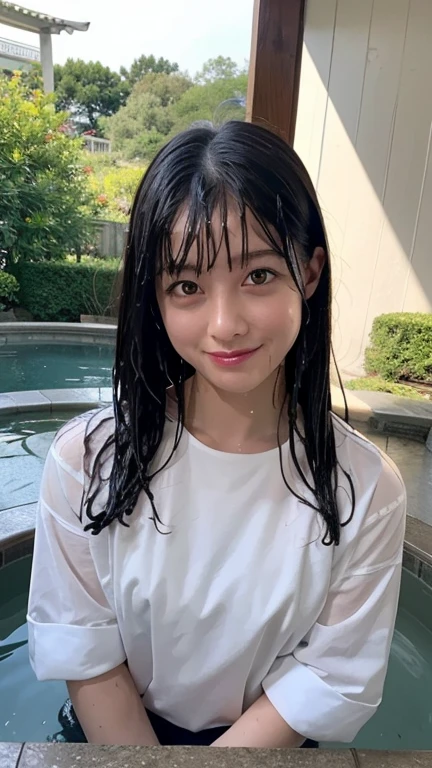 (highest quality、table top、8K、best image quality、Award-winning work)、(Drenched Woman:1.1)、(White polyester open collar shirt:1.2)、(wet white collared open shirt:1.2)、(Fixed front configuration:1.1)、(My skin is visible through my wet shirt:1.1)、(Strongly blurred refreshing green background:1.1)、(very bright and refreshing:1.2)、(very cool advertising image:1.1)、(big breasts:1.1)、cleavage、emphasize body line、look at me with the best smile、Please smile and show your beautiful teeth、perfect makeup、With bangs、Ultra high definition beauty face、ultra high definition hair、Super high-definition sparkling eyes、Super high resolution glossy lips、accurate anatomy、(very bright and vivid:1.1)、(Close-up of wet face:1.3)、(The most natural and perfect freshwater splash:1.2)、(fresh water spray:1.1)、(Perfectly reproduces the texture of wet hair:1.1)、(wet and shiny skin:1.1)、(wet and shiny hair:1.1)、(face covered in semen:1.4)