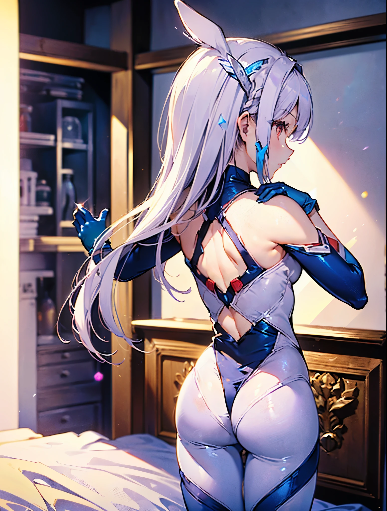 Highest image quality), (Works of masters), (Detailed eye description), (8k wallpaper), (Detailed facial depiction), Bright colors, Look at the audience, solo person,(full bodyesbian:1.1), (Sturdy stone:1.4|((Mecha body:1.1),Mecha fuselage details,Get wet,face expressionless,paleskin,blue colored eyes,((Masterpiece)),((Best quality)),(ultra - detailed),(illustration),((Extremely Delicately Beautiful)),(Dynamic Angle), 1girll, Flowers, Spring, beside the window, Rose, Detailed: face,long eyelasher,dim eyesight,tight-fitting,Raised sexy,head gear,Transparent white swimsuit,silber hair,White lace pantyhose ,did not wear panties,8K,Whole body diagram,Crouch on the desk,Spread your legs wide,Foot on the table,Leaning back,Open your hands upwards as if grasping something