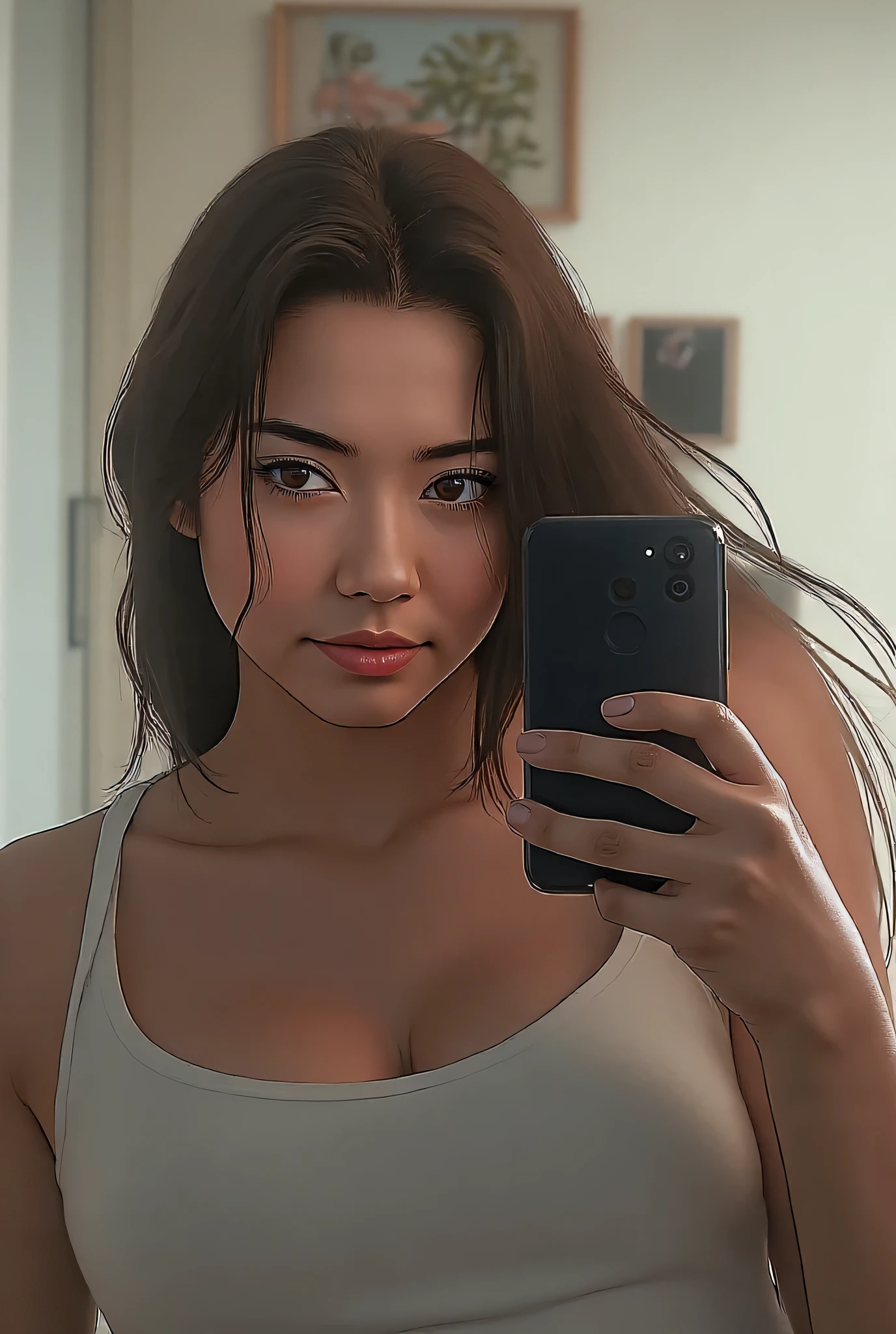 Girl with dark brown hair, her face is a little pink with blush, taking pictures of her body for Instagram, in a white outfit and denim shorts