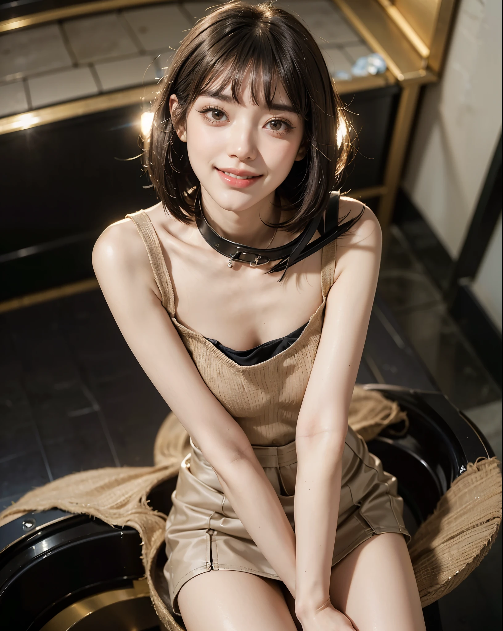 highest quality, masterpiece, Ultra-high resolution, (Realistic:1.4), (Close portrait) Raw photo, 1 girl,20-year-old,((Inside the Shinkansen at night)),((Wireless Earphones)),((Staring at smartphone screen)),,((Asian Fashion)),Messy Hair,((Cap Chestnut Hair)),((Bangs short hair)),Realistic,picture media chest)),((Toothy smile)),((Big smile))