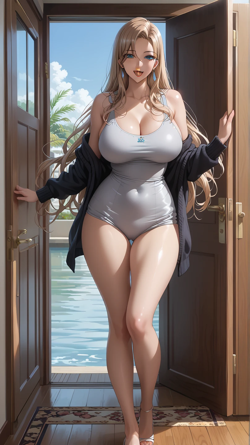Masterpiece, best quality, 1girl, sexy elf, swimsuit, large hips,, busty, standing under a shower at a beach, sunny ,ocean in the background