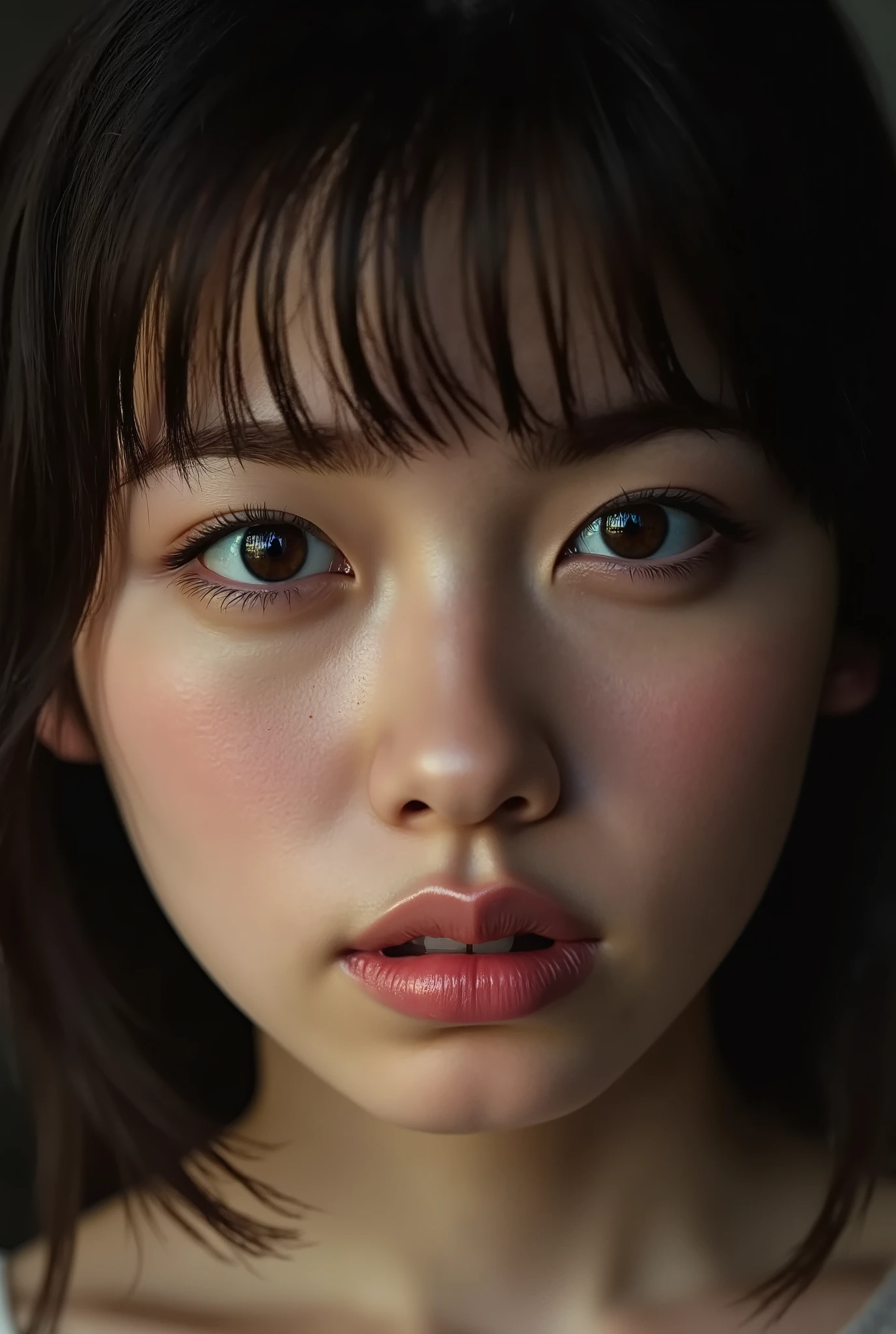 (( of the best quality )), ((masterpiece)), ( details), first-person view ,1 girl, sexy,( Bringing Your Face Closer ),((with your mouth wide open )),((Extremely Big Breasts, underwear, short bob)), black hair , (( without makeup, small eyes))