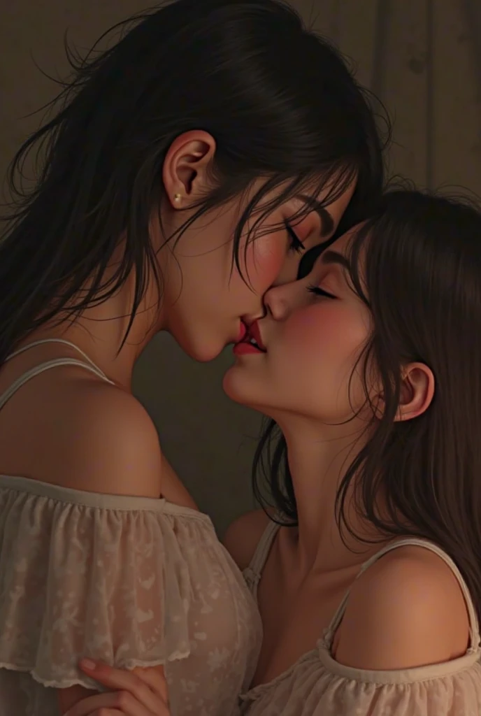 masterpiece, quality, A high resolution,((( 2 girls))), ((Yuri)), ((this kiss:1.4)), giving a hot kiss, in the bedroom, sexy lingerie, big