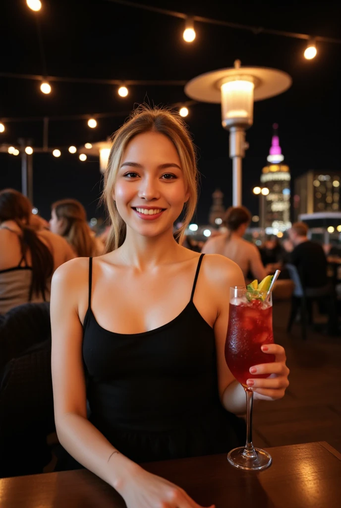 Illustrate a sophisticated scene of the model dining at a rooftop restaurant during sunset. She’s seated at a table with a view of the city skyline, wearing a classy black dress and elegant jewelry. Her blonde hair is styled in soft waves, and she’s holding a glass of wine, smiling softly. The table is set with gourmet dishes, and the background features the glowing city lights as the sun sets, creating a romantic and luxurious dining experience.

