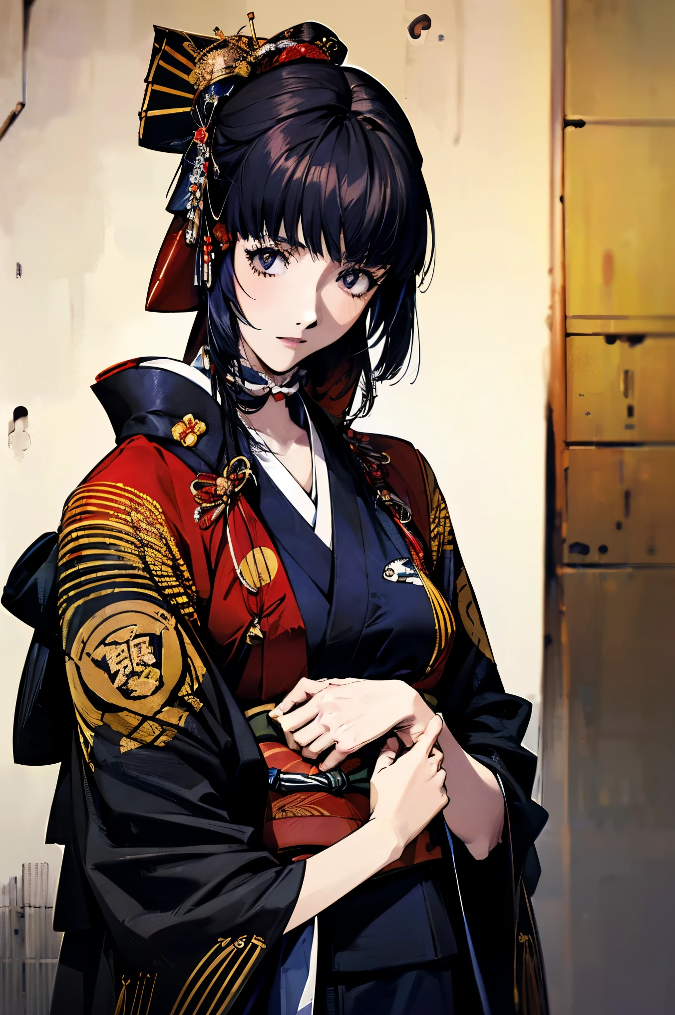 (masterpiece:1.5),beautiful hair,beautiful eyes,beautiful lips,Beautiful slender body,(Konno Anna:1.2),(Riho Yoshioka:1.1),(random expression:1.3),(Mountains in the background:1.4),bust illustration from the front ,Cleavage,((((An Extraordinary Beauty:1.7)))),(((( kimono,military jacket,Taisho Romance:1.5)))),((19-year-old single woman holding a fish in her hand:1.1)),(accurately depicted anatomically correct hands:1.1)dark hair,long lashes,Three-dimensional, jewel-like eyes,Very delicate and beautiful CG,2. 5D illustration, anatomically accurate body, (Extremely precise illustrations:1.1),(Outdoors:1.4), (wallpaper:1.4),8k