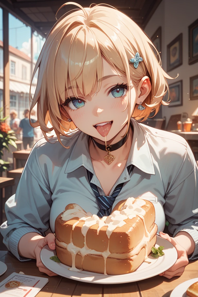 Alice, Anime art style, One girl, 一人in, chest, Looking_in_Audience, smile, short_hair, Open_mouth, big_chest, red_eye, hair_between_eye, upper_body, white_hair, :d, Blurred, chef