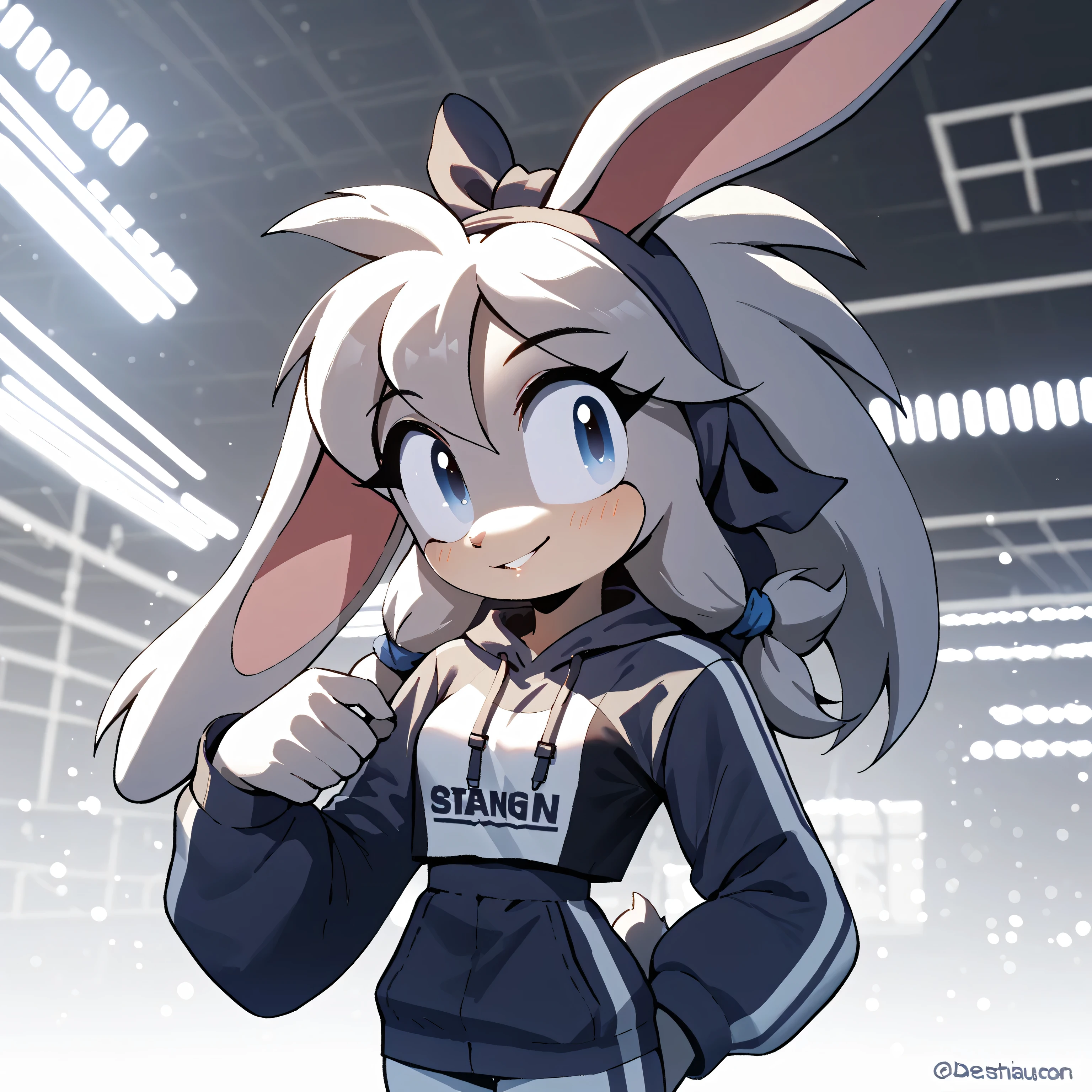 A grey bunny with blue eyes, Solo, 1girl, High Resolution, White Hair, Best Quality, High Resolution, long ears, grey shoulder length hair, 1girl, Smile, streetwear outfit, details, HD, hot, young woman, sexy, grey hair, Blue eyes, Animal Ears, Rabbit Ears, Best Quality, Detail, Blush, Smile, headband ribbon, Bunny, rabbit, hair down, longer hair