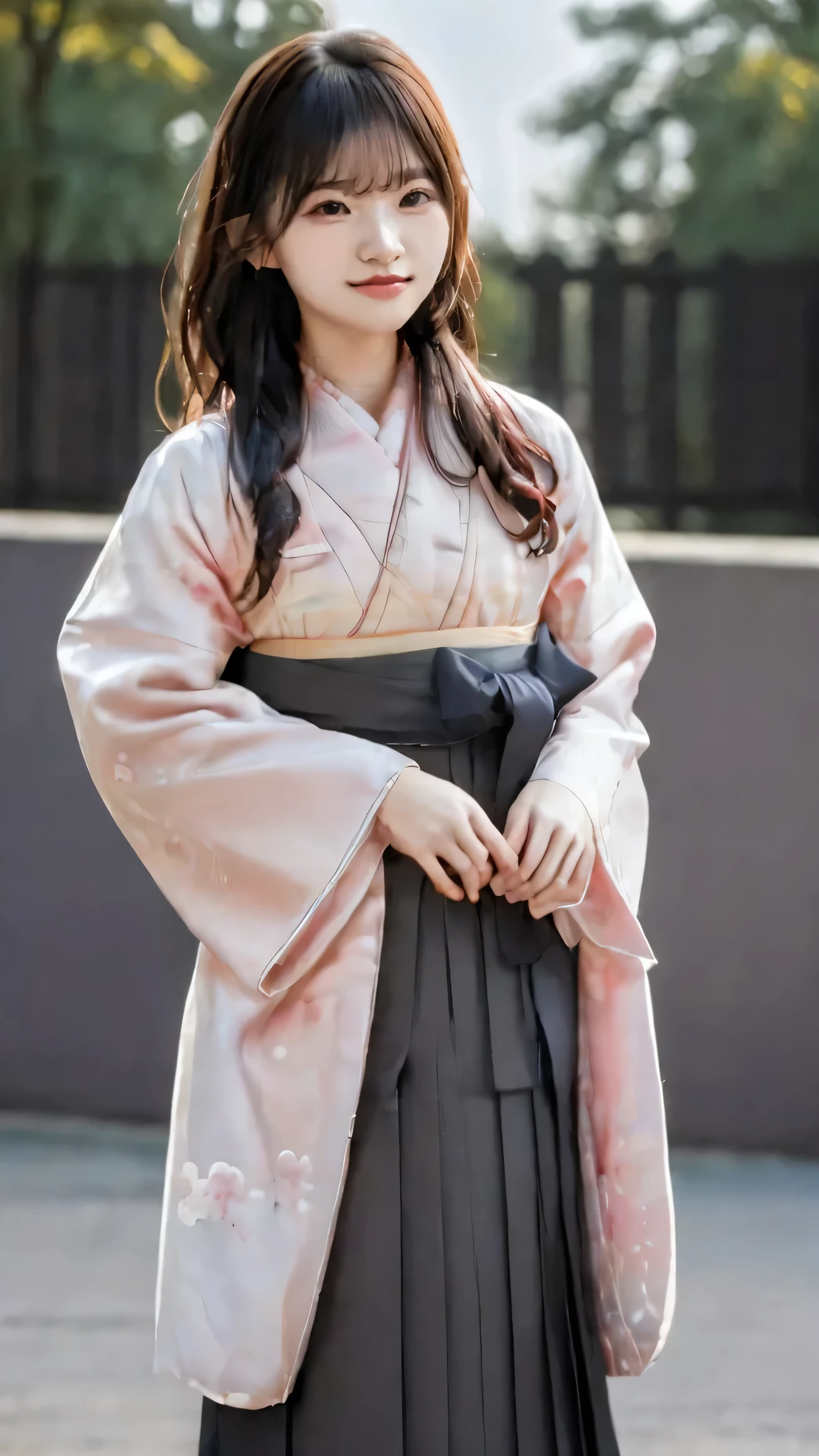 Japanese woman、 20th generation、 University graduation ceremony 、yaguri pattern on hakama、Cherry blossom trees、style、university auditorium in the background、I hold my diploma with both hands、black hair、long hair、Wind Fluttering Hair、holding down my hair that gently soars with my hands {x} holding down my hair that gently soars with my hands、looking up slightly at the sky、high image quality、high definition、portrait photo、photo quality、Genuine、cute、masterpiece, anatomically correct, 最high quality DVD, High detail, high quality DVD, 超high image quality, textured skin, smile, Aperture F2.8, full body view、Sakura Fubuki