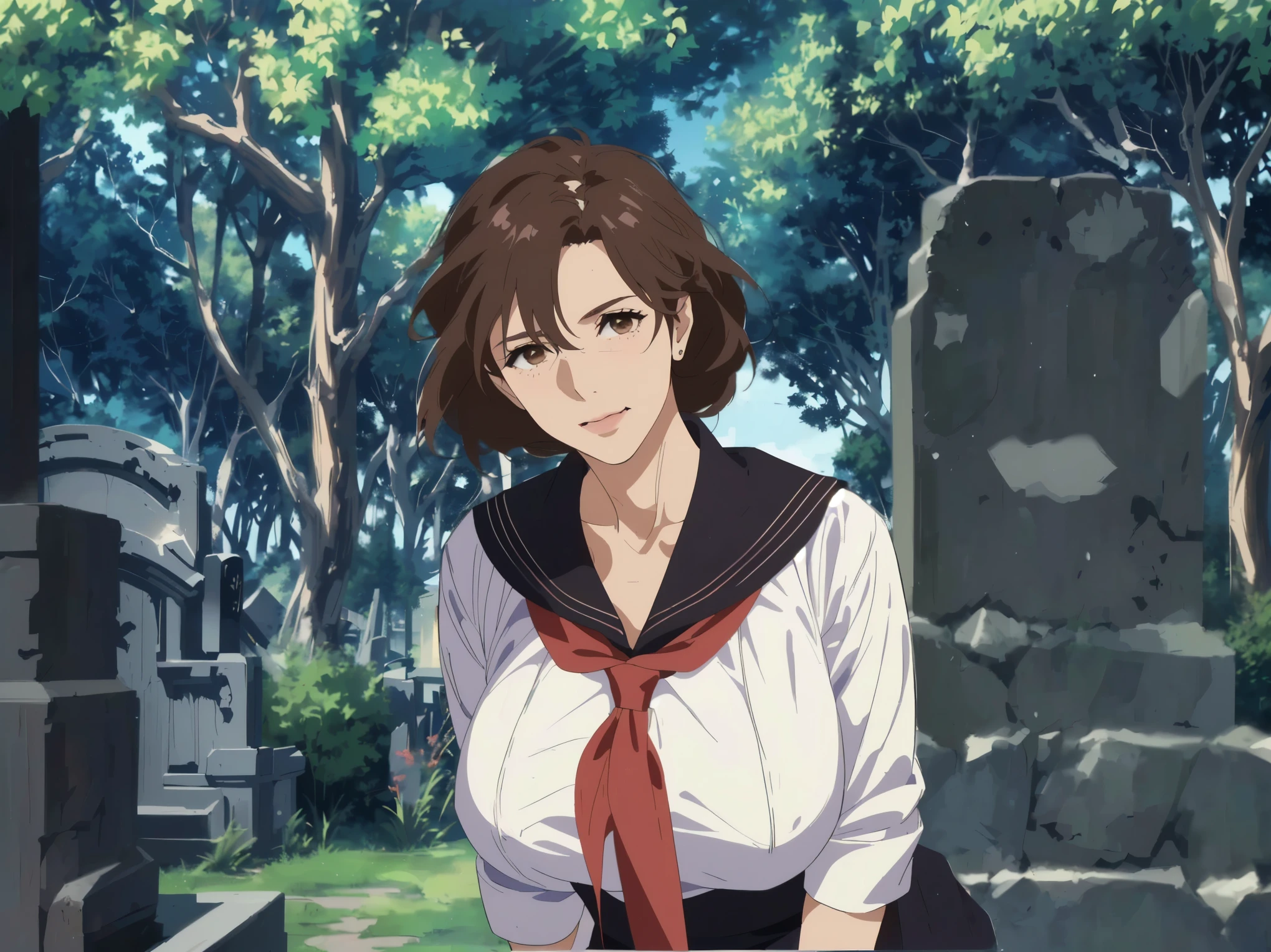 Japanese Graveyard in Midsummer、Extremely Hot Sunshine、 and the time is noon 、best quality, bright、mature mom, Quiet mature Mom , ((( Small Wrinkles Around His Eyes and Mouth :1.2)))、detailed face, brown hair, Mesh Bang Hairstyle, brown eyes, (Big Breasts), shy and embarrassed mature mom, (mature mom in tight and white sailor suit:1.3) ,(red scarf with black nose:1.4)、 realistic high school mature mom , Female Protagonist 👀 :8, Bewitching Anime mature mom , Makoto Shinkai ( Apex Legends ), Fine details, a hyper realistic high school mature mom , charming anime mature mom