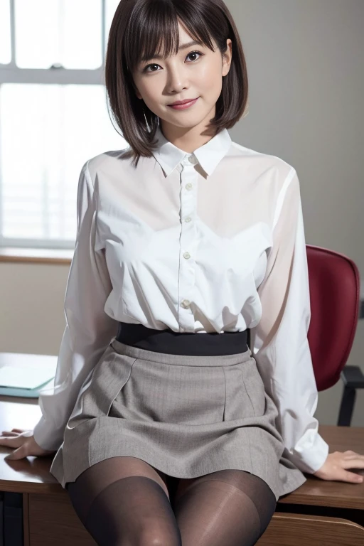 (scissors:1.5,hand up:1.5),(Wearing a light-colored shirt:1.5),A hair salon with chairs lined up,(The skin is wet from sweat:1.2),beautician,looking at the camera,Cleavage,smile,skirtリフト、skirtを手で上げる,woman, 20-year-old, Short Hair、bangs、(skirt),(White lace panties)、Cute earrings,Natural lighting