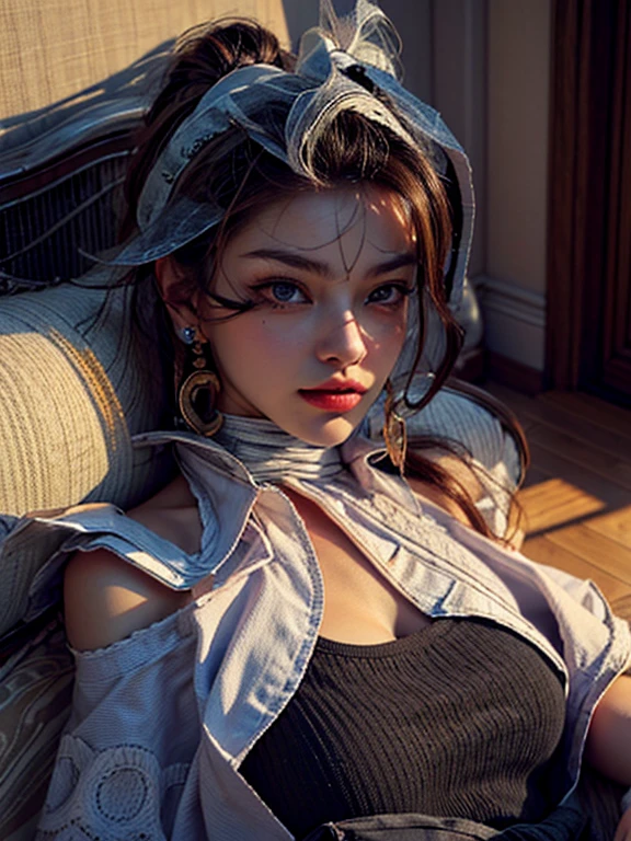 RAW, Masterpiece, Super Fine Photo, Best Quality, Ultra High Resolution, Photorealistic Photorealism, Sunlight, Full Body Portrait, Amazing Beauty, Dynamic Pose, Delicate Face, Vibrant Eyes, (From the side), She Wears Iron Man costume, Ragged Top, Jeans, Very Detailed Background, Detailed Face, Detailed Complex Busy Background, Messy, Gorgeous, Milky White, Highly Detailed Skin, Realistic Skin Details, Visible Pores, Sharp Focus, Volume Fog, 8K UHD, DSLR , high quality, film grain, fair skin, photorealism, lomography, sprawling metropolis in futuristic dystopia , seen from below, translucent