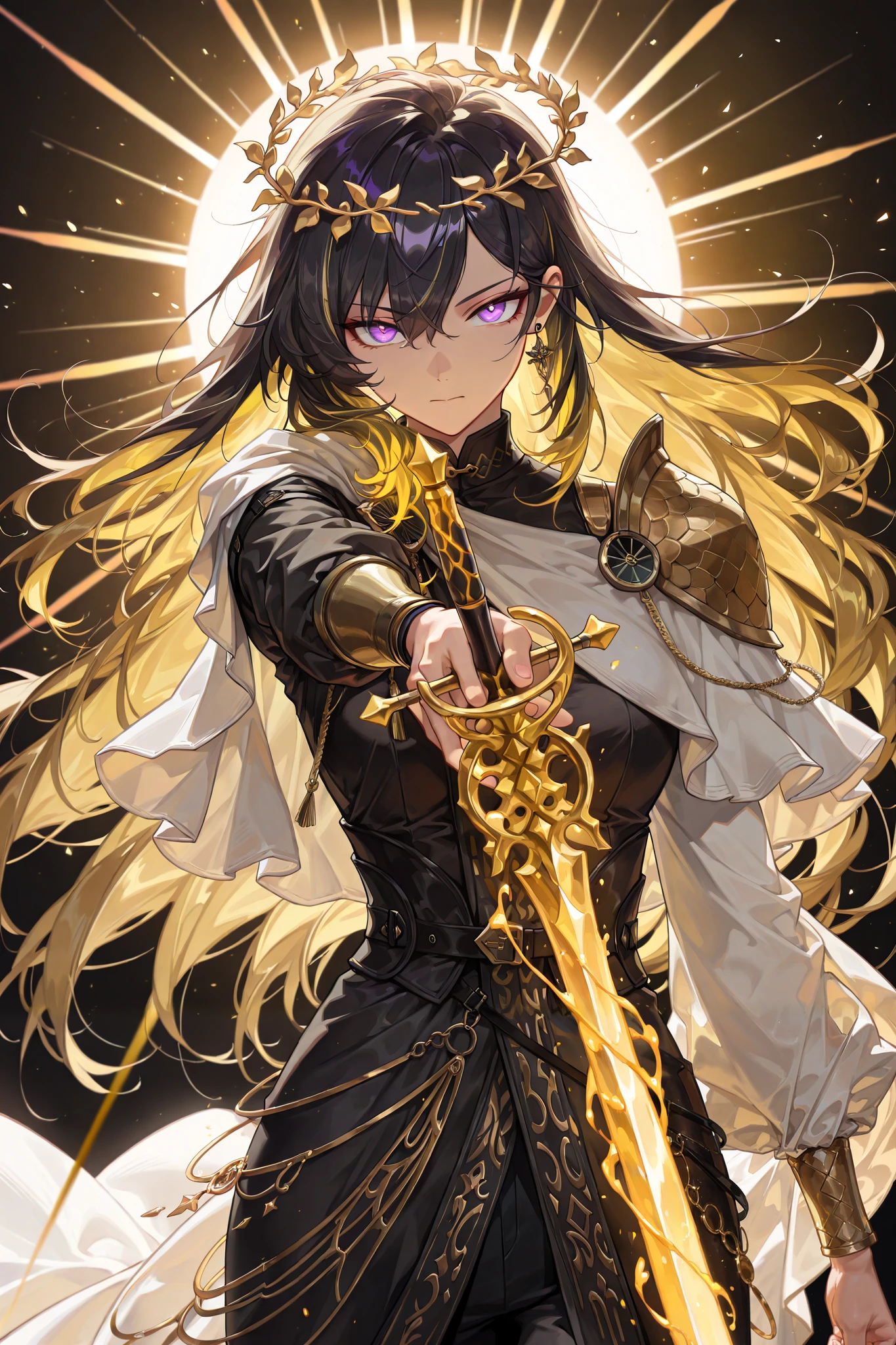style of [arknights|(748cmstyle:0.5)], god rays, vivid colours, light stream, colour splotches, cinematic shot, mature, young adult, masterpiece, best quality, amazing quality, very aesthetic, high resolution, ultra-detailed, absurdres,
1girl, woman, solo, alone,(dynamic pose, side eye, looking at viewer, upper body focus, action shot, dutch angle, three quarter view, close up, cowboy shot:1.2), seeledef, purple eyes, two tone hair, very long hair, (multicoloured hair, gold hair:1.24), black hair, piercing eyes, enraged eyes, tsurime, asymmetrical armor, one shoulder pauldron, capelet, white greco-roman clothes, golden accents, glowing wreath, liquid sword, liquid scythe, liquid glaive, novuschroma79 style, glitch art photo
BREAK, depth of field, volumetric lighting
 
