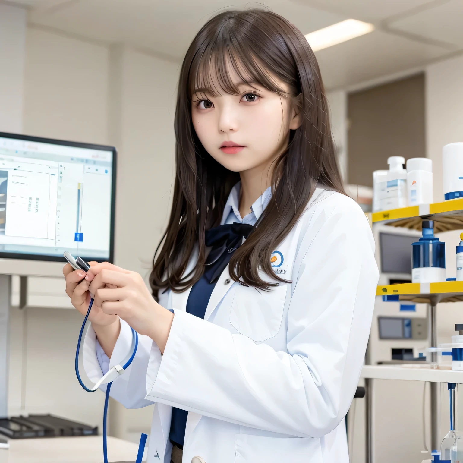 A girl dressed in a lab coat with the name written dr.Ana in a hospital.