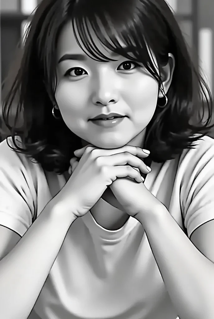 a drawing of a woman sitting on a chair with her Crossing your legs, Line art, Crossing your legs, Thick outlines, Line art!!, Thick outline, 太いLine art, Sketched, Woman sitting, Thick outline, A quick sketch, Crossing your legs, !, Sitting pose, Her small hands are placed on her thighs, 太Line art, Casual pose, Girl sketch monochrome smile high quality,There is no break in the line