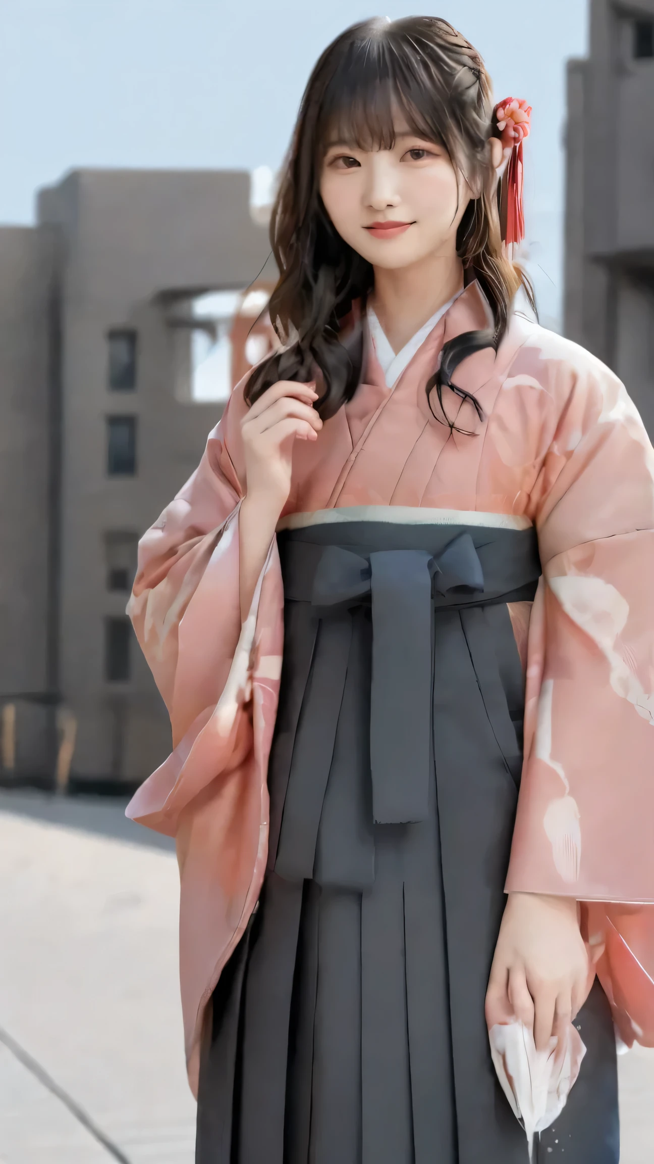 Japanese woman、 20th generation、 University graduation ceremony 、yaguri pattern on hakama、Cherry blossom trees、style、university auditorium in the background、I hold my diploma with both hands、black hair、long hair、Wind Fluttering Hair、holding down my hair that gently soars with my hands {x} holding down my hair that gently soars with my hands、looking up slightly at the sky、high image quality、high definition、portrait photo、photo quality、Genuine、cute、masterpiece, anatomically correct, 最high quality DVD, High detail, high quality DVD, 超high image quality, textured skin, smile, Aperture F2.8, full body view、Sakura Fubuki