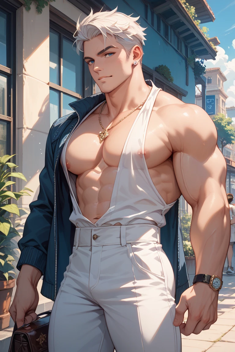 ((the best quality)), ((Masterpiece)), (details), perfect face, high definition, Masterpiece,4k,details clearly, Handsome face, white skin, perfect body, male body, strong muscles, wavy abdominal muscles, Abs, Brown eyes, white skin, The most handsome man in the world, handsome, The coolest face, Male characters, challenge, Show off your body, Strong breasts, beautiful eyes, look clearly., Gray Hair