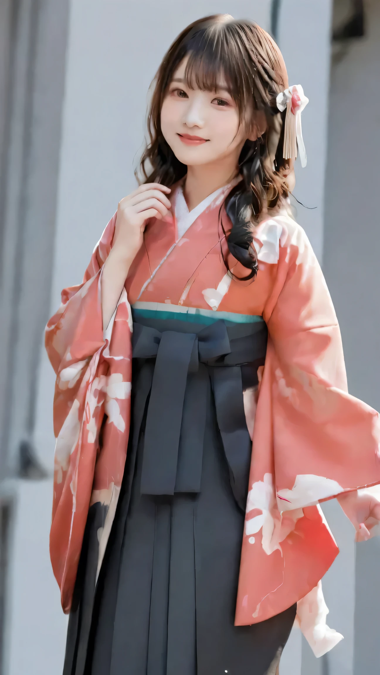 Japanese woman、 20th generation、 University graduation ceremony 、yaguri pattern on hakama、Cherry blossom trees、style、university auditorium in the background、I hold my diploma with both hands、black hair、long hair、Wind Fluttering Hair、holding down my hair that gently soars with my hands {x} holding down my hair that gently soars with my hands、looking up slightly at the sky、high image quality、high definition、portrait photo、photo quality、Genuine、cute、masterpiece, anatomically correct, 最high quality DVD, High detail, high quality DVD, 超high image quality, textured skin, smile, Aperture F2.8, full body view、Sakura Fubuki