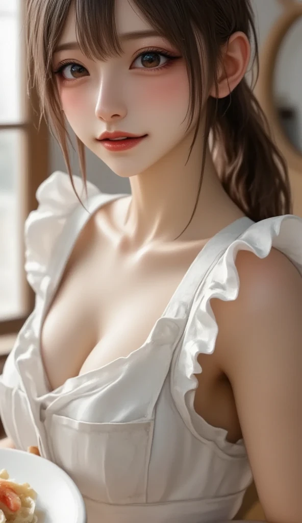 ((((masterpiece, best quality, high resolution)))), Extremely detailed 8K, Beautiful girl with voluptuous body, (crawling on the ground), (cleaning the floor), (seductive crawling on the floor), open legs, sideview, (Realistic red hair), (wavy single hair bun), (embarrassed), (beautiful face), (smile), blush, masterpiece, best quality, CG, HDR, illustration, wallpaper, absurdres, high-definition, extremely detailed, (lewd maid dress:1.2), (thong panty), ((high heels)), (Ultra HD, Ultra-detailed, Highly detailed, Highly realistic, Ultra-realistic, photograph realistic)