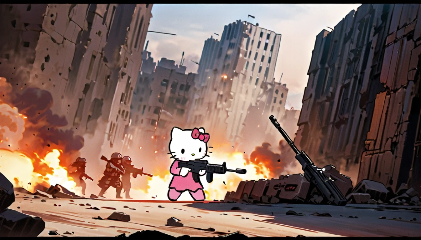 Isometric, cinematic film still, "High-resolution, masterful,presents a vivid, realistically textured view of Hello Kitty battle tanks being meticulously assembled in a cutting-edge, futuristic factory setting, under warm, ambient lighting." <lora:extremely_detailed:3> ,extremely detailed,,