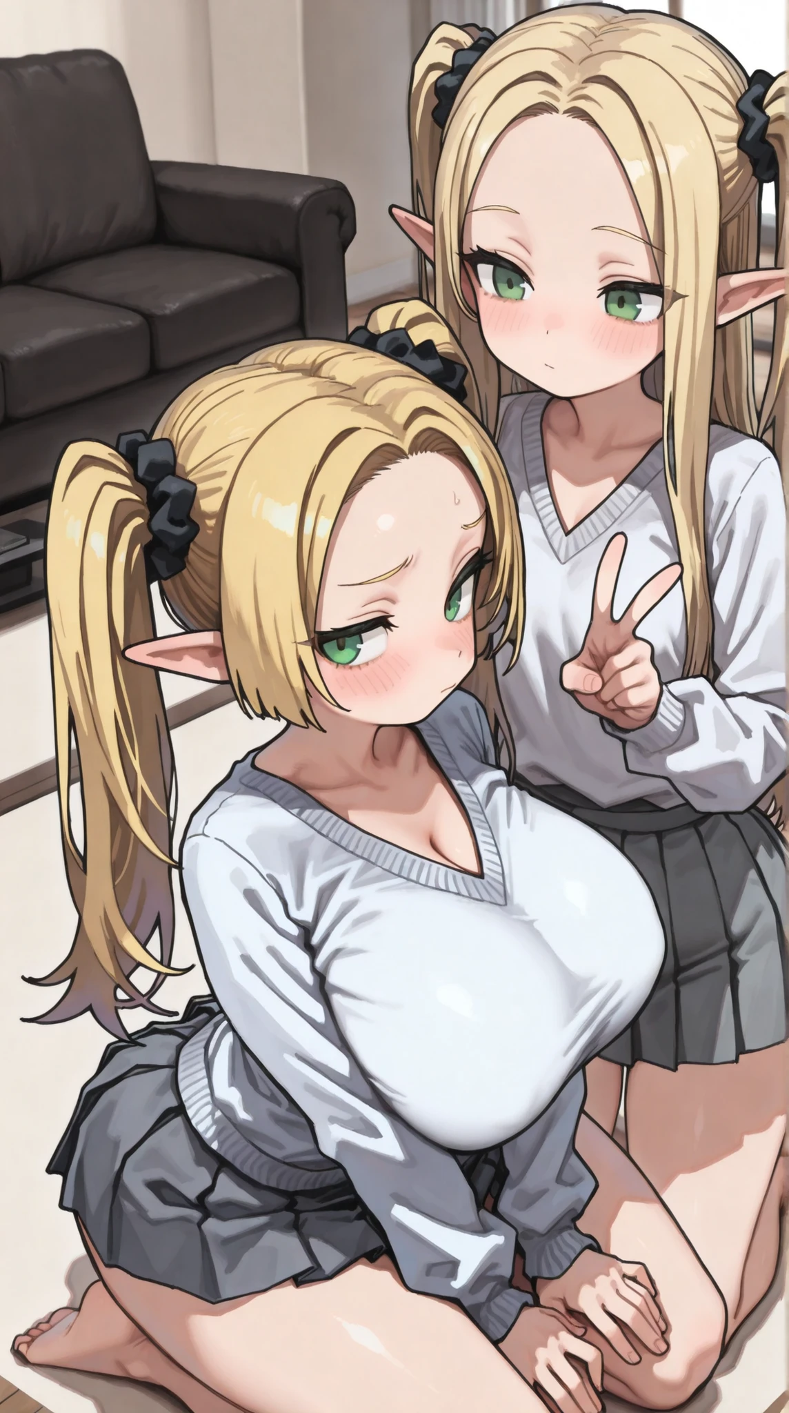 (1woman),(high resolution),(((perfect anatomy))),(ultra-detailed),
BREAK
(((25yo))),(green eyes:1.4),(elf ear:1.5), (((symmetry high position twin tails blonde long hair:1.5))),(black color scrunchie:1.3),(((forehead, bangs))),
BREAK
(((white v-neck thin sweater, gray pleated skirt, bare legs))),
BREAK
(((indoors))),(((living room, on floor))),
BREAK
(((kneeling down on floor))),(((prostration))),(((Peace sign))),
BREAK
((((huge gigantic :1.4)))),(((curvy body))),(((thick thighs)))
BREAK
(((shy))),(glowing eyes:0.5),
BREAK
(((looking at away))),(((cowboy shot))),(from above),