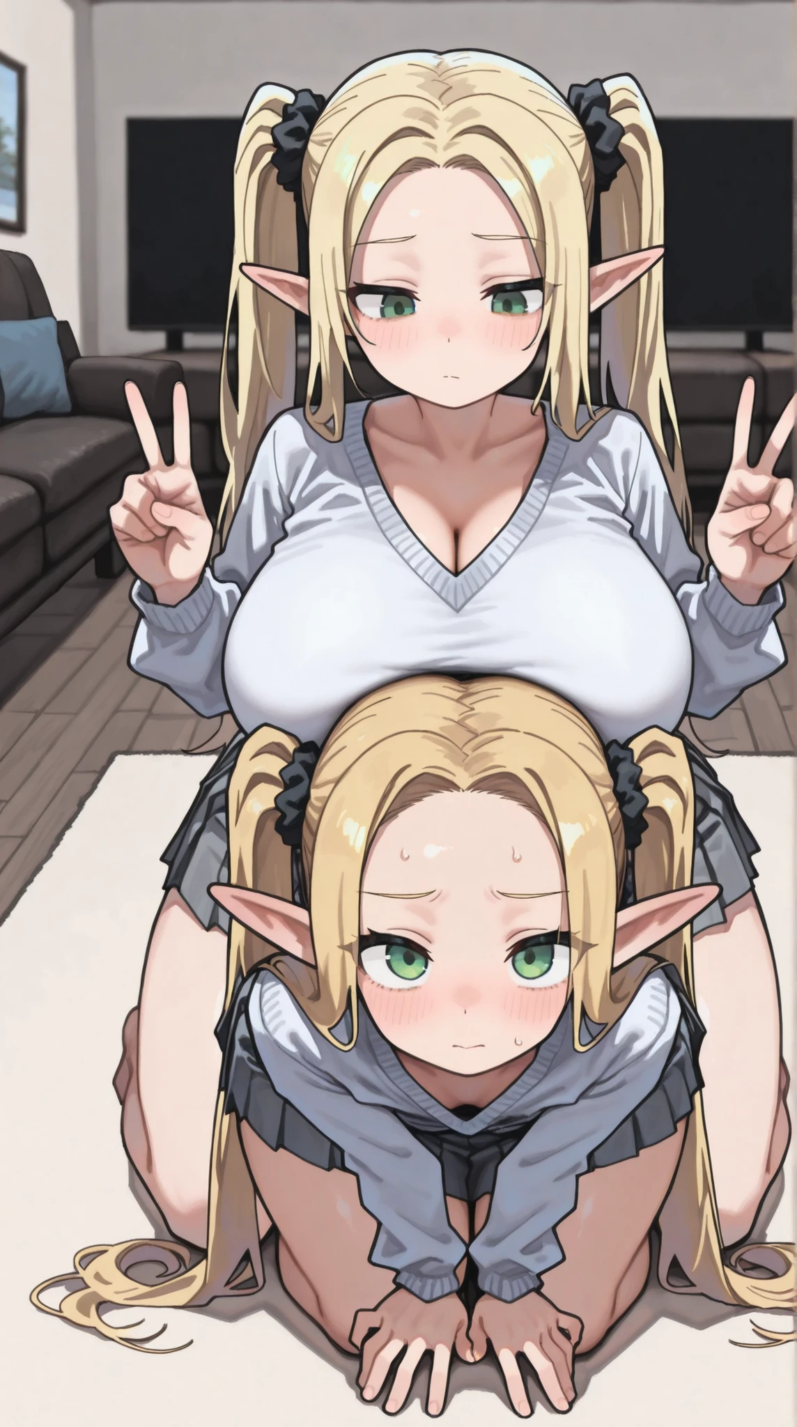 (1woman),(high resolution),(((perfect anatomy))),(ultra-detailed),
BREAK
(((25yo))),(green eyes:1.4),(elf ear:1.5), (((symmetry high position twin tails blonde long hair:1.5))),(black color scrunchie:1.3),(((forehead, bangs))),
BREAK
(((white v-neck thin sweater, gray pleated skirt, bare legs))),
BREAK
(((indoors))),(((living room, on floor))),
BREAK
(((kneeling down on floor))),(((prostration))),(((Peace sign))),
BREAK
((((huge gigantic :1.4)))),(((curvy body))),(((thick thighs)))
BREAK
(((shy))),(glowing eyes:0.5),
BREAK
(((looking at away))),(((cowboy shot))),(from above),