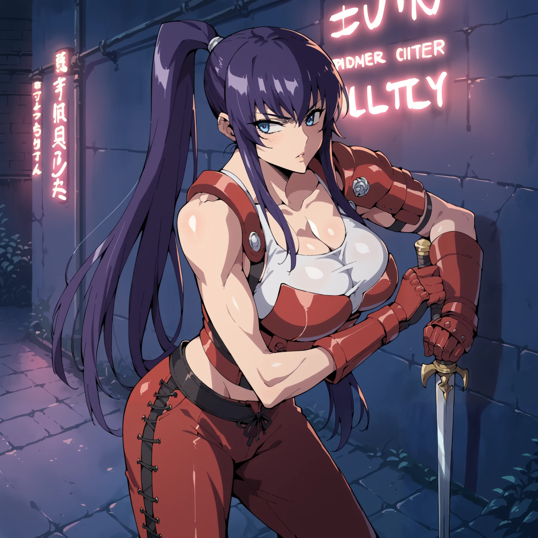 score_9,score_8_up,score_7_up,score_6_up, source_anime, zPDXL, girl,long hair, purple hair, ponytail, blue eyes, white tank top, red (samurai armor), red gloves, pants, large breasts,  (getting undressed), night city, neon lights, dim lighting, dark alley,