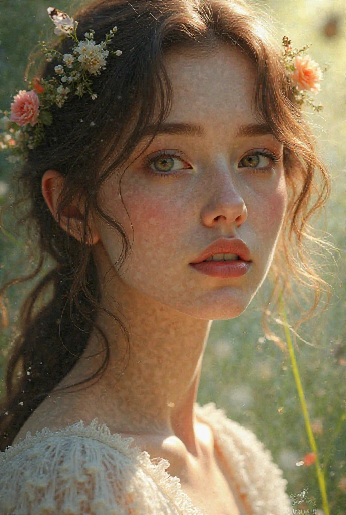 (((ultra realistic))) photo, masterpiece, top quality, (ultra detailed face and eyes:1.3), 1 girl, adult, nymph, detailed skin, delicate facial features, long flowing hair, elegant pose, intricate floral crown, ethereal atmosphere, soft lighting, muted color palette, serene woodland background, mystical aura, dreamlike quality, cinematic composition
