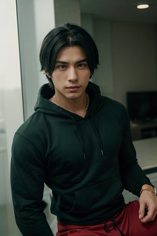 Make me a man with black hair and brown hoodie