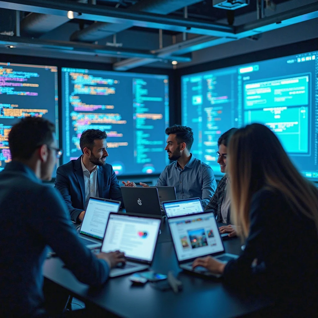 A modern office environment where a diverse team of professionals is collaborating on web design and development projects. The setting should include sleek laptops, large screens displaying code and UI/UX designs, and a futuristic digital workspace. The atmosphere should be dynamic and innovative, with soft blue and cyan lighting to symbolize technology and creativity. Some team members are discussing ideas, while others are focused on coding or designing. The overall look should be professional, inspiring, and visually engaging, representing expert web solutions.